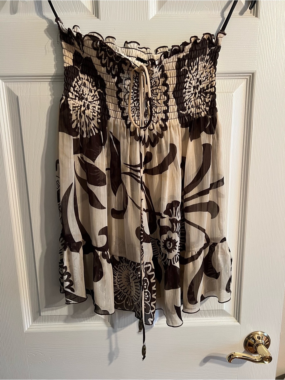 Y2K BCX Brown Floral Smocked Tube Top on Cream with Gold Accents